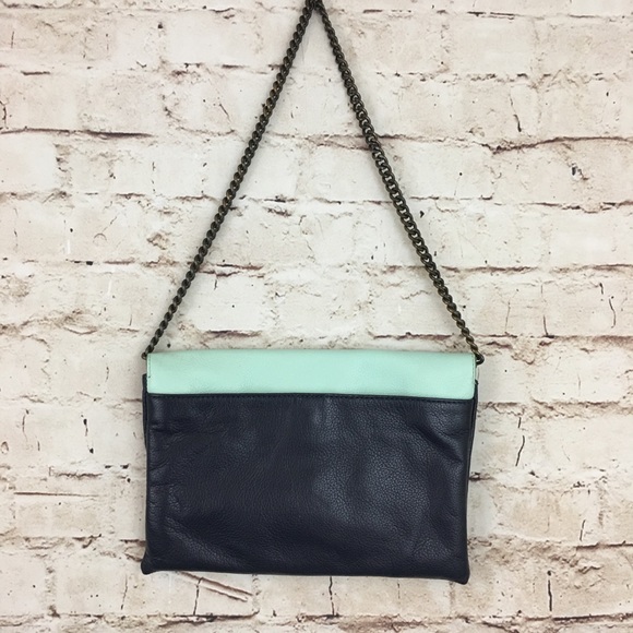 J Crew Green Blue Leather Envelope Chain Purse - Picture 3 of 8